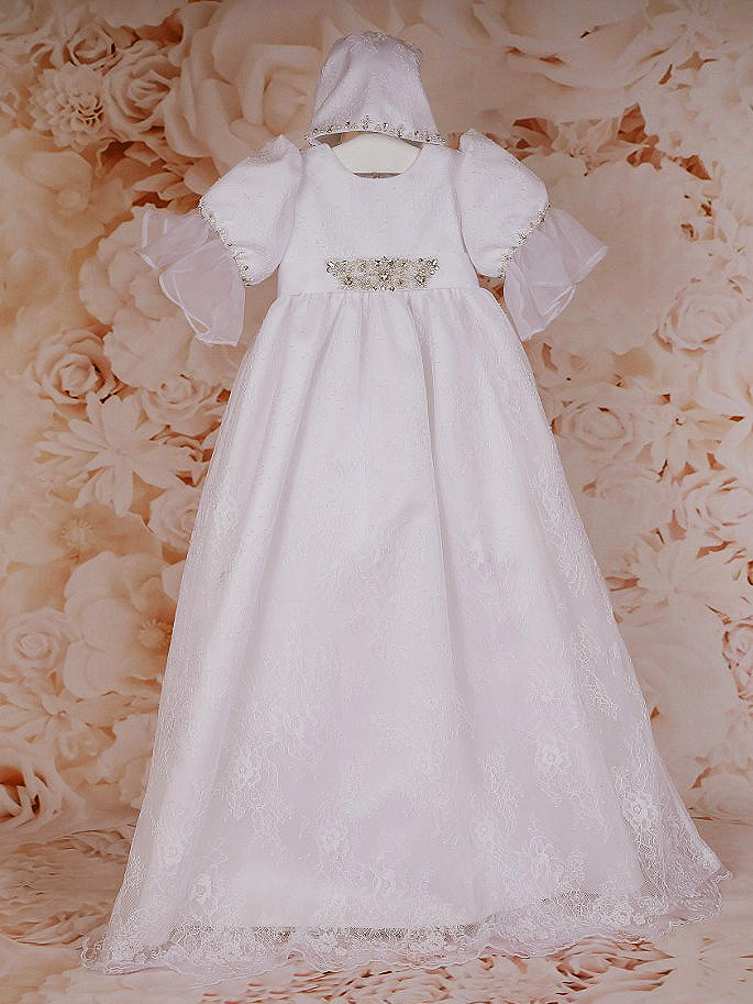 Sweetie Pie Christening Gown with Diamond and Pearl Detail and Matching Bonnet