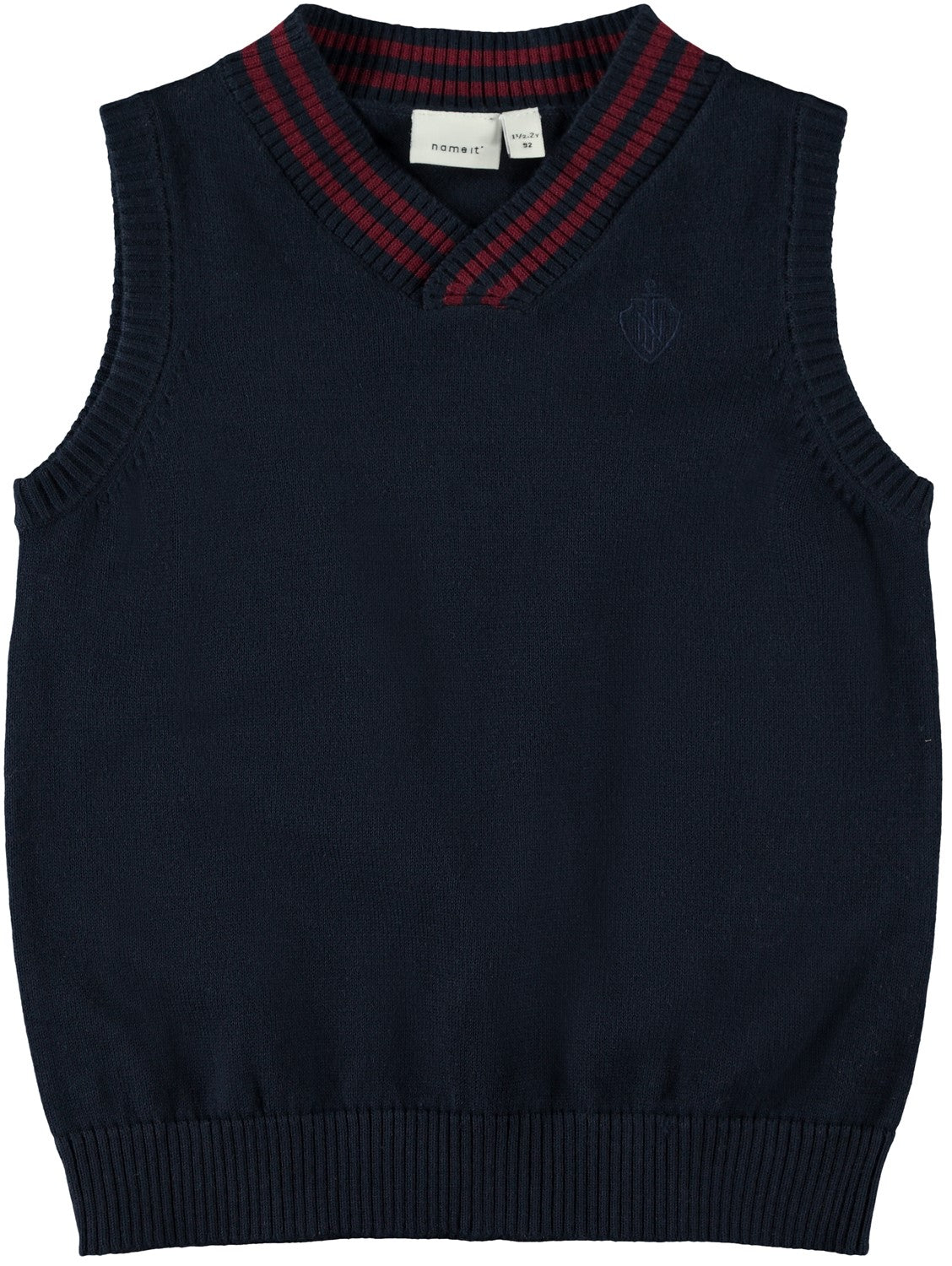 name it mini boy navy sleeveless pullover with red collar detail