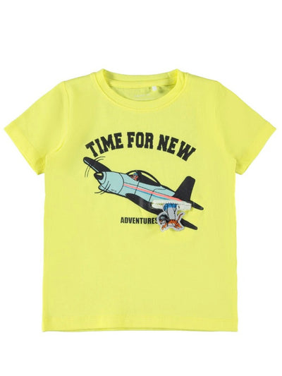 name it toddler yellow short sleeve t-shirt with airplane graphic