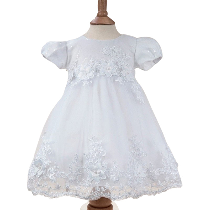 Girls Short Style Christening Dress with Floral Applique