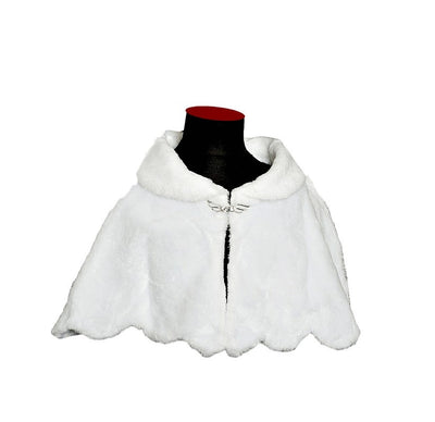 This is a gorgeous&nbsp;girls fur cape with a diamante&nbsp;clasp, collar neckline and scalloped edge. This cape sits perfectly over a Communion or flower girl&nbsp;dress to add the finishing touch. Available in one size that fits girls 7-10 years.